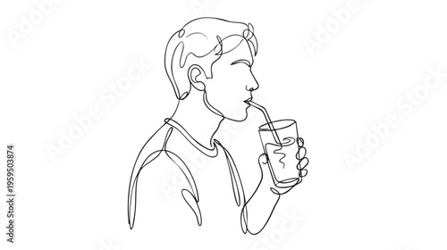 A minimalist line drawing depicts a young man in profile, sipping a beverage from a glass through a straw.