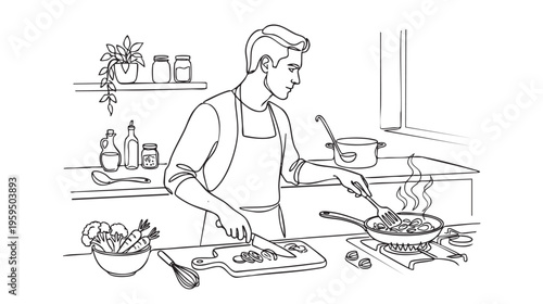 A man in an apron is cooking on a stovetop in a kitchen, chopping vegetables on a cutting board with a knife and stirring food in a pan with a fork, surrounded by fresh ingredients.