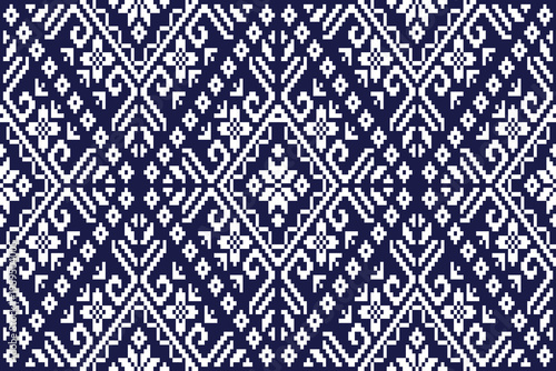  Indigo Blue And White Geometric Tribal Pattern, Traditional Ethnic Pixel Art, Textile Background.