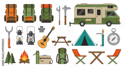 Camping Gear and Outdoor Adventure Equipment Vector Icon Collection