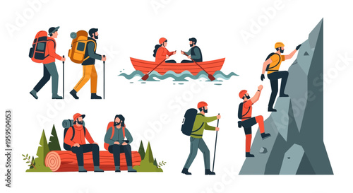 Outdoor Adventure Activities Vector Set: Hiking, Rock Climbing, Kayaking, and Camping Characters in Flat Design