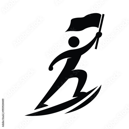 Success achievement leader holding flag standing on mountain peak icon