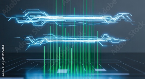 Holographic layers of cyan light streaks, emerald green vertical bars, soft reflections, clean digital interface panels layout.