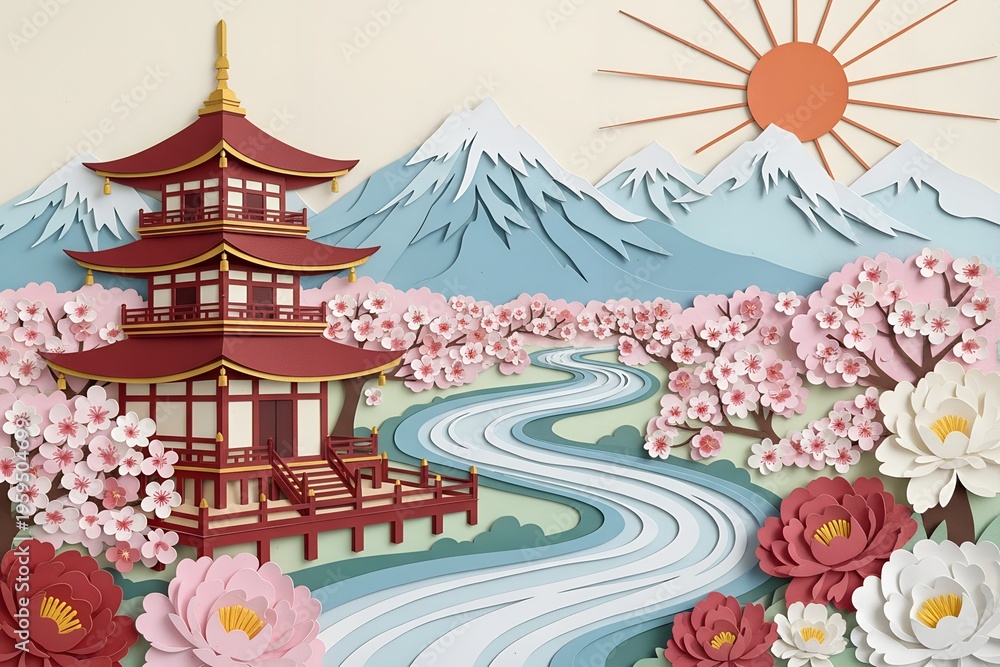 Fototapeta premium Japanese Pagoda with Cherry Blossoms and Mountains Paper Art Illustration