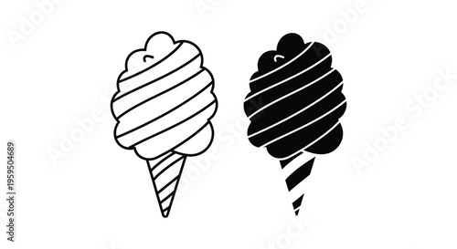 Simple vector graphic illustration featuring outline and solid icons of a sweet ice cream cone treat