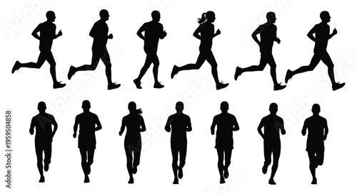 Collection of diverse male and female running silhouettes depicting various stages of motion