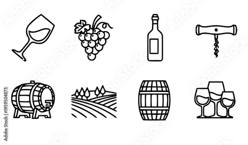 A wine glass, bottle, and barrel sit on a vineyard landscape with grapes.