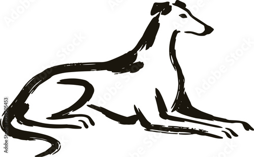 A black and white hand drawn vector illustration of a graceful greyhound dog lying down in a minimalist brush style.