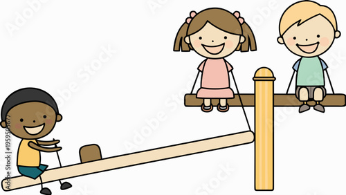 Children playing on a seesaw in a cheerful playground scene with swings and a sunny atmosphere