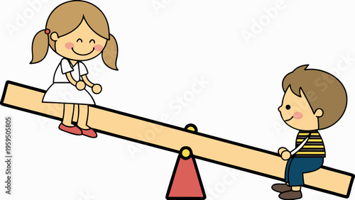 Children playing on a seesaw with a girl and boy laughing and having fun together outdoors
