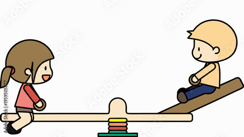 Two children playing on a colorful seesaw in a modern playground setting outdoors