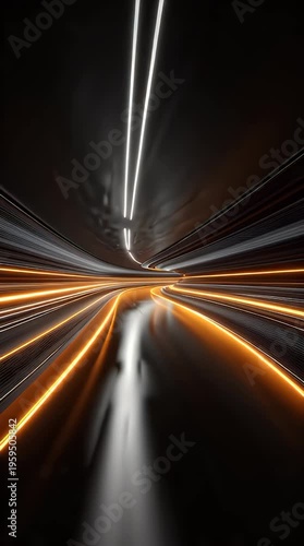 Abstract light trails in a dark futuristic tunnel