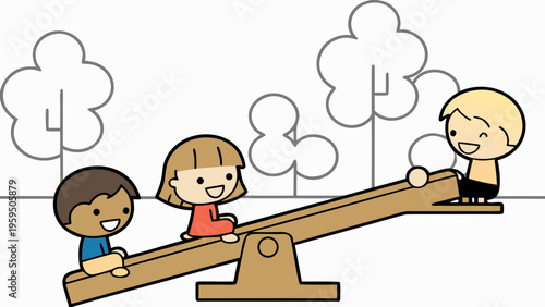 Playful children enjoying a sunny day on a seesaw in a park with trees