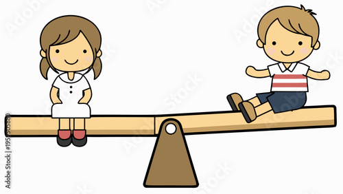 Two children balancing on a seesaw happy kids playing together outdoors in a fun colorful illustration