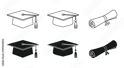 Collection of black and white vector graphic illustrations representing graduation caps and diplomas
