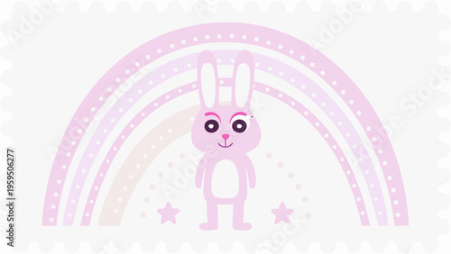 Cute pink rabbit standing under a pastel rainbow with stars smiling and looking forward flat vector illustration for kids