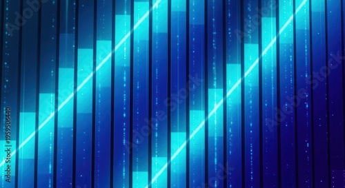 Cyan indigo vertical bars shimmering with particle glow, diagonal composition, light streaks, professional financial market growth display.