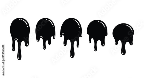 Set of five dripping black ink blobs in a vector graphic style