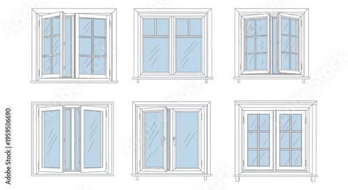 Collection of six different white window frame vector illustrations showing various opening styles