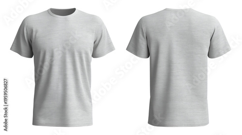 Pair of blank light heather grey cotton t-shirts showing front and back views for apparel mockup isolated on transparent background