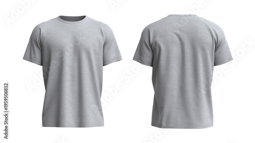 Pair of blank light heather grey cotton t-shirts showing front and back views for apparel mockup isolated on transparent background
