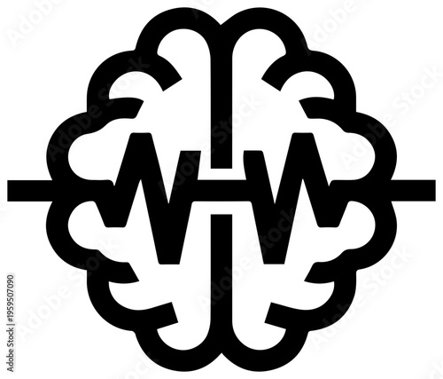Brain icon with excessive signal waves symbolizing mental overload and technology black and white graphic design element