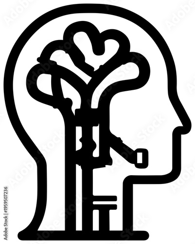 Line art icon of a human head profile with a tangled brain and a person trapped inside symbolizing mental complexity and confusion