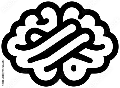 Brain with a thick knot tied in it symbolizing confusion mental block or problem solving in a simple line art style on a white background
