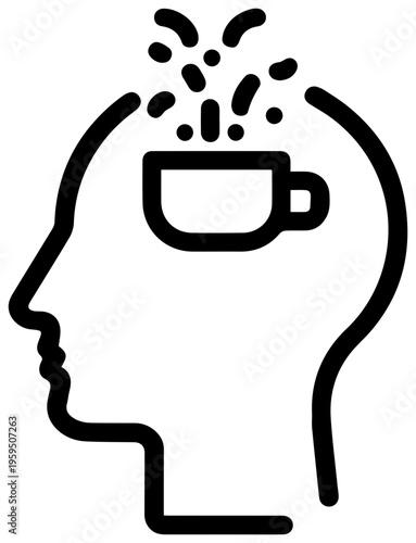 Line art icon of a human head silhouette with a coffee cup inside representing a thoughtful or creative mind with a love for coffee symbolizing inspiration and mental stimulation