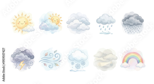 Watercolor Weather Clipart Set — 10 Cute Sky & Forecast Icons PNG SVG Vector Illustration
