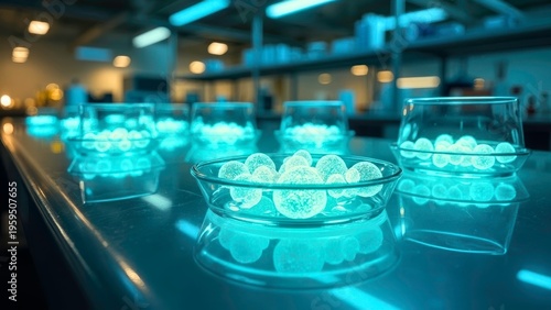 The laboratory culture dishes extend in rows to a distance