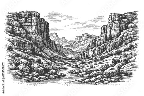 Vintage Engraving Art: Majestic Canyon Landscape with Flowing River, Towering Rocky Cliffs, and Distant Mountain Peaks Under a Detailed Sky. A Serene Wilderness Scene Rendered in Intricate Black and W