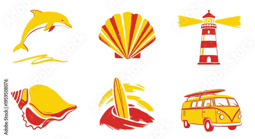 summer-themed flat vector icons featuring a jumping dolphin, seashells, a lighthouse, a surfboard, and a classic vintage travel camper van in warm yellow and red tones.