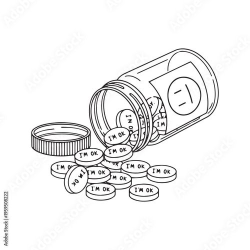 Minimalist line art illustration of a spilled pill bottle with I'm OK text on pills mental health concept