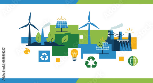 Eco friendly icons, sustainable energy symbols, green technology logos, environmental conservation graphics