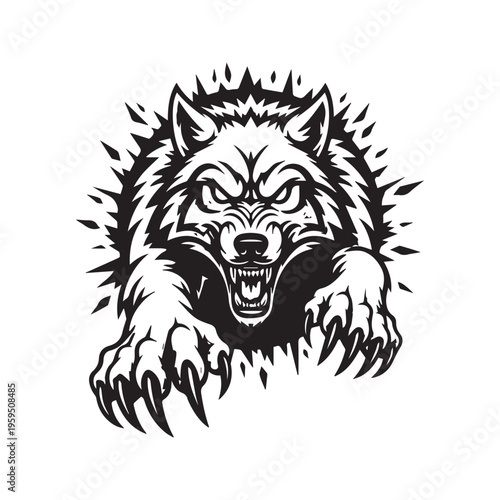 Slika na platnu Fierce Wolf Lunging Forward with Sharp Claws Black and White Vector Mascot Logo