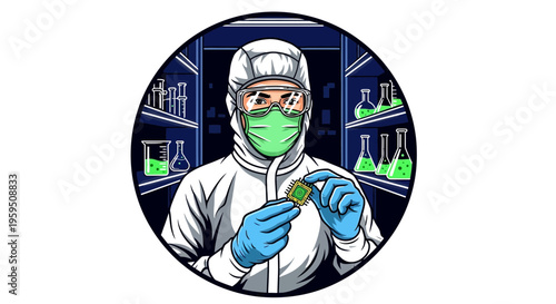 Scientist in protective gear holds a microchip in a laboratory.