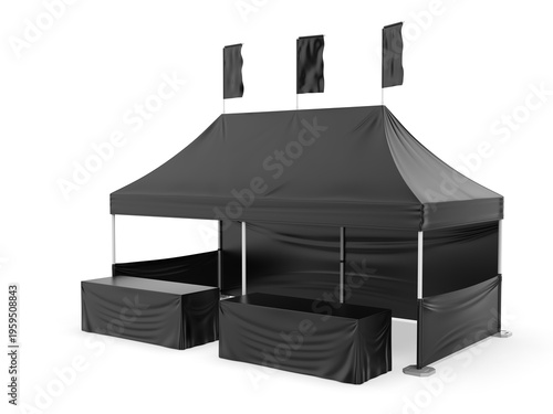 Clean white exhibition tent booth mockup featuring a canopy roof, side counters, and three flag banners on top. Ideal for branding presentations, trade shows, outdoor events, and promotional events.