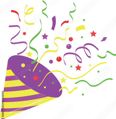 Colorful party popper explosion with confetti and streamers on the transparent background – festive celebration vector .