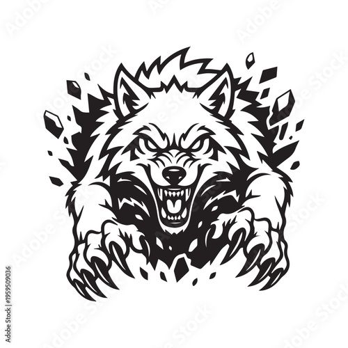 Fierce Wolf Lunging Forward with Sharp Claws Black and White Vector Mascot Logo
