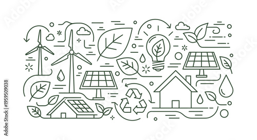 Eco friendly energy, sustainable living, green technology icons, renewable power symbols