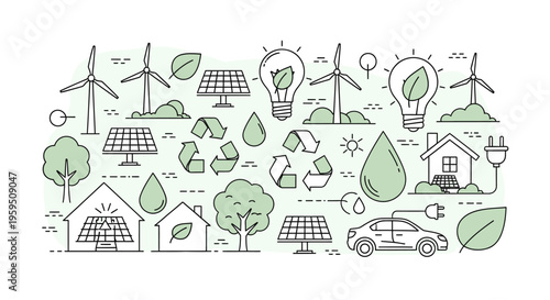 Eco friendly icons, sustainable living symbols, green energy illustrations, environmental conservation graphics