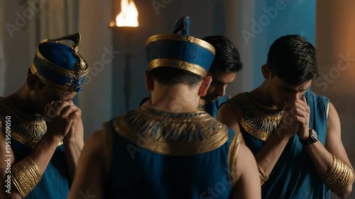 Biblical Joseph weeping in Egyptian royal attire. Emotional ruler turning away to hide tears from brothers. Old Testament scene