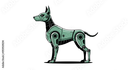 A robotic dog stands on a white background.