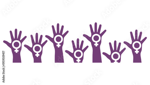 Feminist hands with female symbols raised in solidarity and empowerment