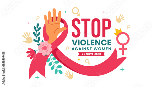 Stop violence against women campaign poster with pink ribbon and hand