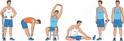 Illustrated stretching routine with six different poses showing hamstring, shoulder, quadriceps, and full‑body flexibility exercises for fitness guidance