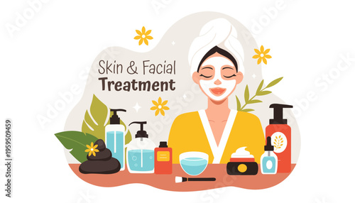Facial treatment illustration with a woman and skincare products