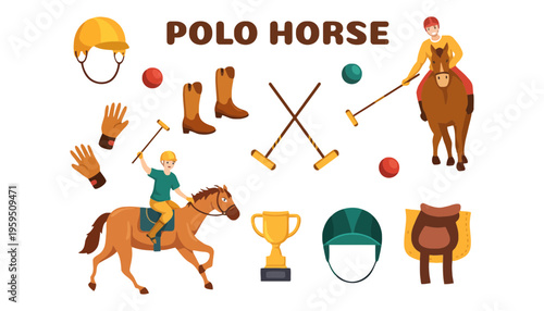 Polo horse vector illustration with equipment and accessories for players