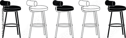 Modern bar stool collection with alternating black and white designs, showcasing stylish seating arrangement and interior furniture concept